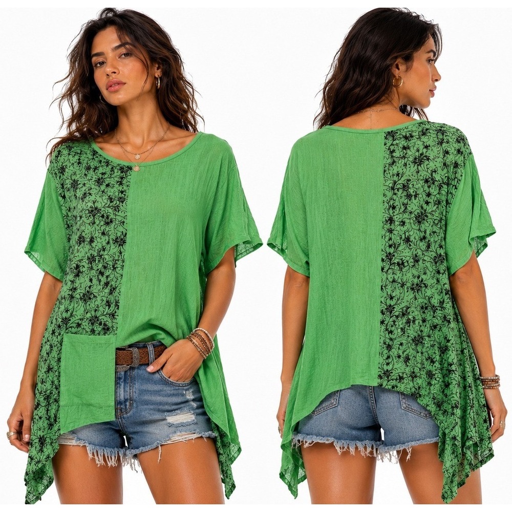 India Boutique Tunic Top Womens One Size Green New Scroll Print Sharkbite Hem‎